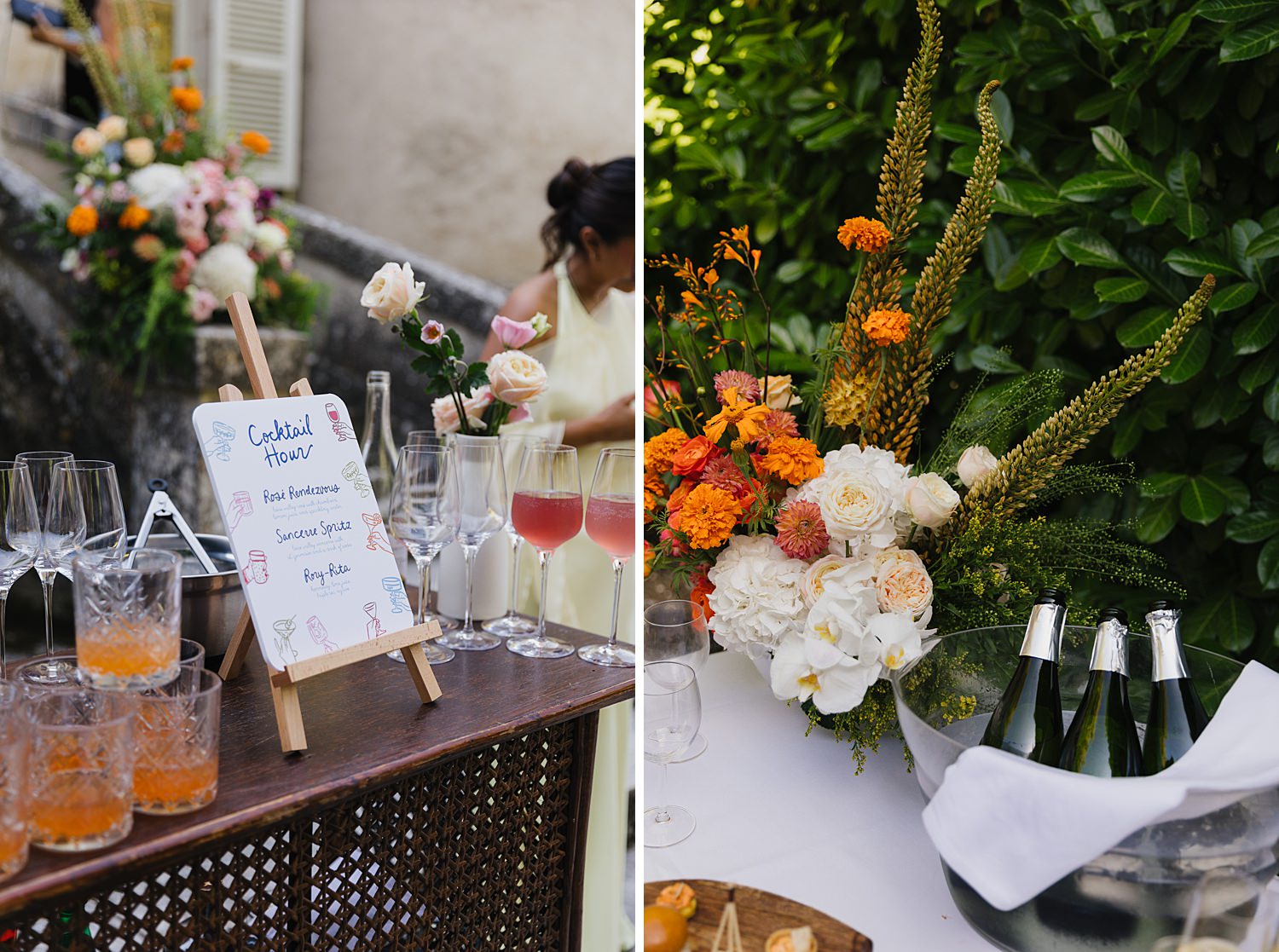 Romantic cocktail hour reception in Sancerre, France