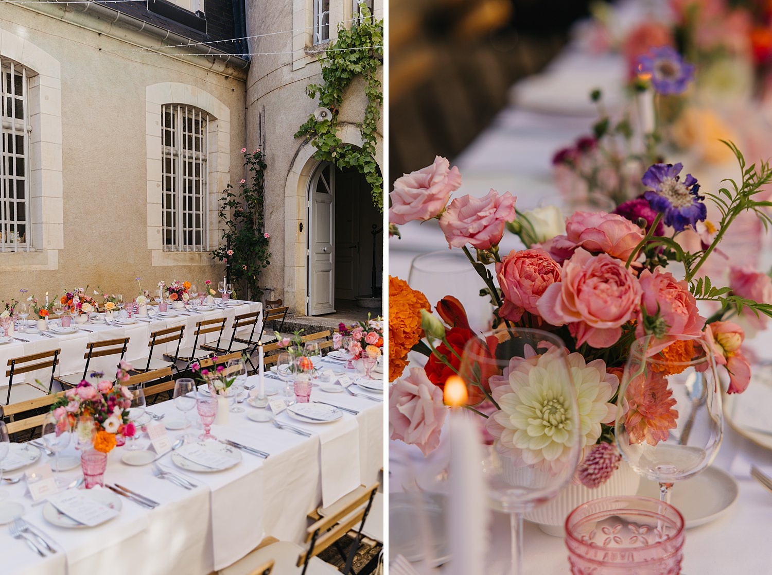Wedding breakfast in the courtyard at Château de Thauvenay