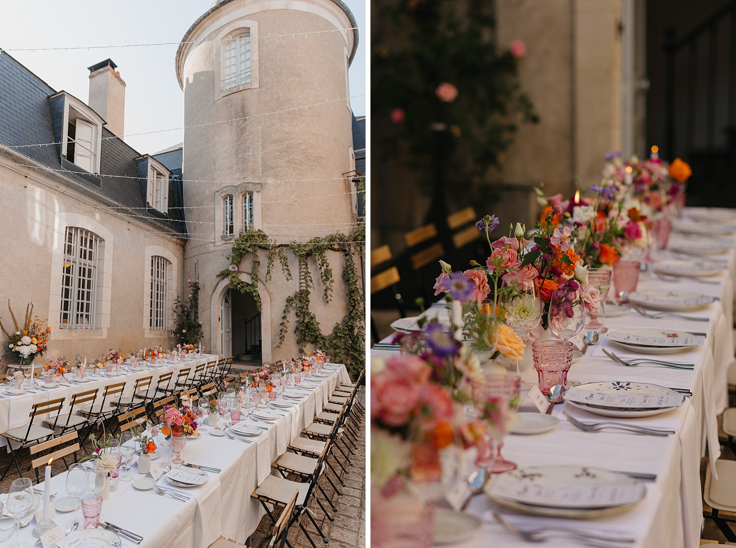 Wedding breakfast in the courtyard at Château de Thauvenay