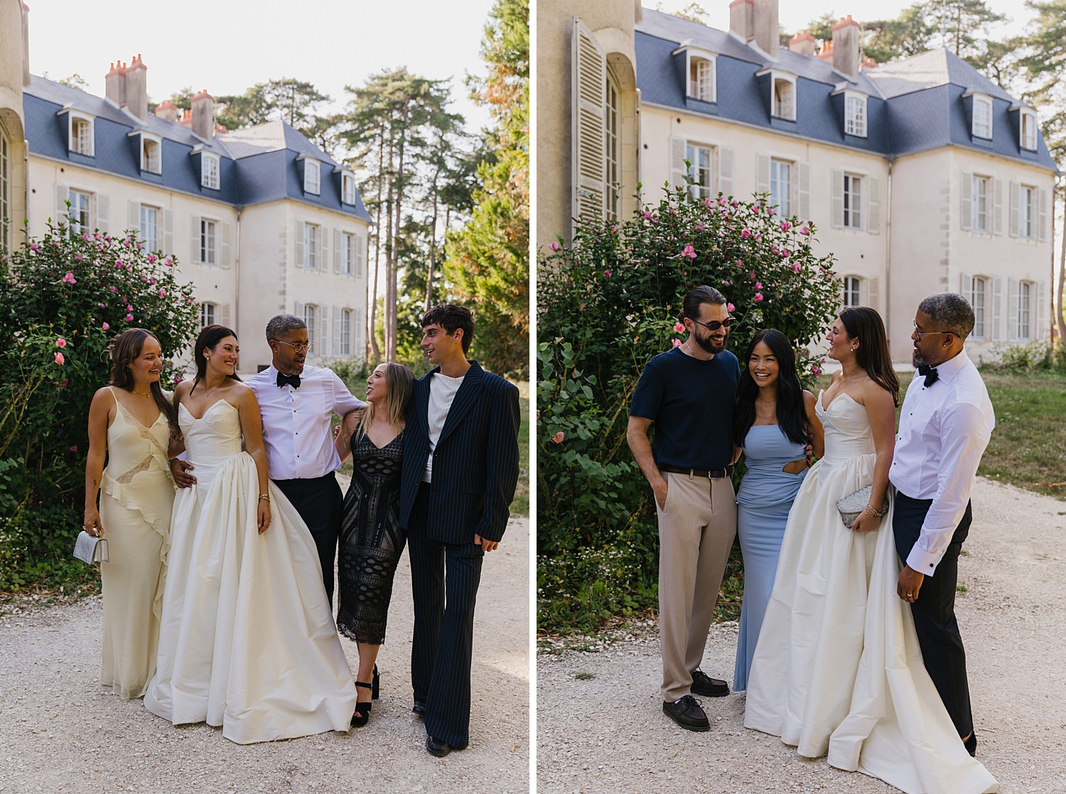 laughing wedding guests at Château de Thauvenay