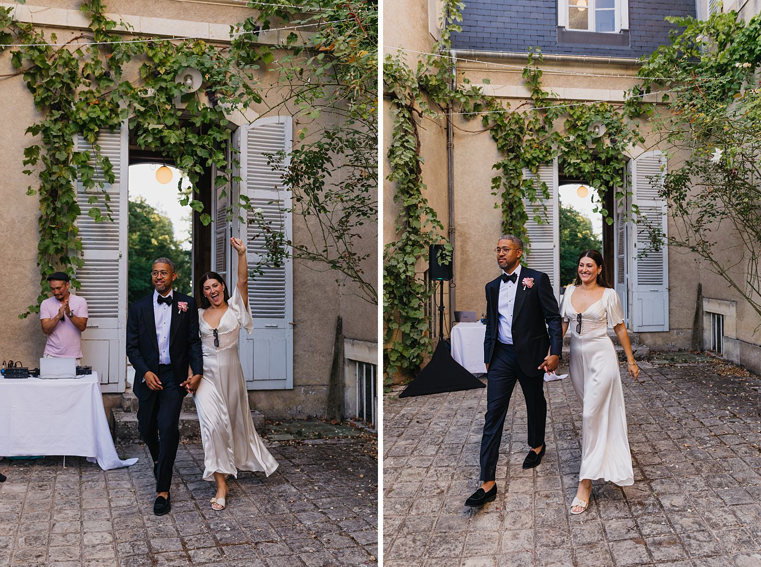 wedding couple entering in courtyard at Château de Thauvenay